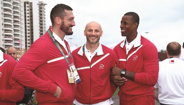 Qataru2019s handball players at the Games Village yesterday.