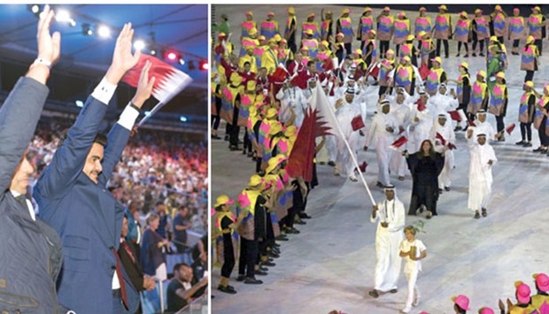 HE Sheikh Joaan bin Hamad al-Thani cheering the Qatari team  at the opening ceremony in  Rio de Janeiro. Sheikh Ali Khalid al-Thani leads Qataru2019s contingent during the opening ceremony at the Olympic Games in Rio de Janeiro.