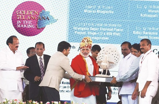 Prime Minister Narendra Modi launches u201cMission Bhagirathau201d in Medak district of Telangana along with Telangana Chief Minister K Chandrasekhar Rao.