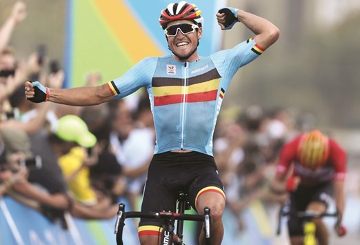 Greg Van Avermaet (BEL) of Belgium celebrates winning the gold medal.