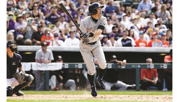 Miami Marlins center fielder Ichiro Suzuki (51) hits a triple in the seventh inning against the Rockies at Coors Field on Sunday. PICTURE: Isaiah J. Downing-USA TODAY Sports