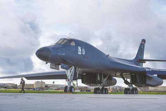One of two US Air Force B-1B Lancer bombers prepares to take off for a 10-hour mission, to fly in the vicinity of Kyushu, Japan, the East China Sea, and the Korean peninsula, from Andersen Base, Guam.