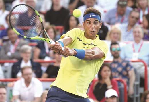 Rafael Nadal of Spain hits a shot during his win over Borna Coric of Croatia at the Montreal Masters. (USA TODAY Sports)