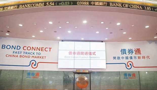 Signage for the China-Hong Kong Bond Connect and a gong are seen at the Hong Kong Stock Exchange. Since the Bond Connect kicked off on July 3, offshore institutions have taken nearly 1.5bn yuan of short-term corporate debt with a tenor of no more than one year in the primary market, and another 2bn yuan plus of secondary transactions, according to data from the Shanghai Clearing House.
