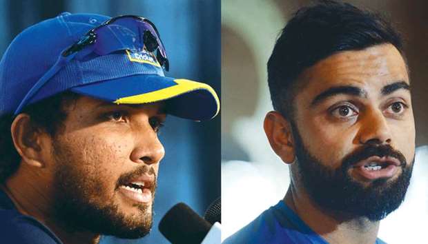 Sri Lanka captain Dinesh Chandimal (left) and his Indian counterpart Virat Kohli speak to the media ahead of the third Test in Pallekele yesterday.
