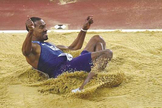 US athlete Christian Taylor competes in the final of the menu2019s triple jump event at the 2017 IAAF World Championships at the London Stadium in London on Thursday. (AFP)