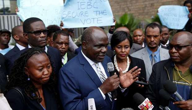 Kenyan Independent Electoral and Boundaries Commission (IEBC) chairman Wafula Chebukati delivers a statement to members of the press during a protest by the Civil society group over the death of Chris Msando, a senior Kenyan election official who was found murdered in Nairobi, Kenya.
