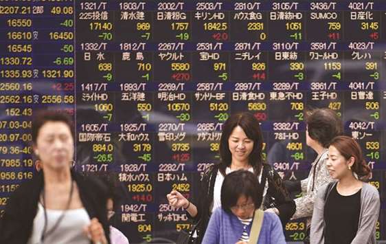 Pedestrians walk past an electronic quotation board in Tokyo. The Nikkei 225 closed up 0.3% to 19,985.79 points yesterday.