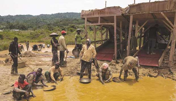 A group of Galamseyers, illegal gold panners, working in Kibi area. Ghana has long been known for its bountiful gold reserves and was previously known as u201cthe Gold Coastu201d during the colonial era. But illegal mining in Africau2019s second largest producer is taking a heavy human, and environmental and economic toll with more than $2bn lost to the practice in 2016 alone.