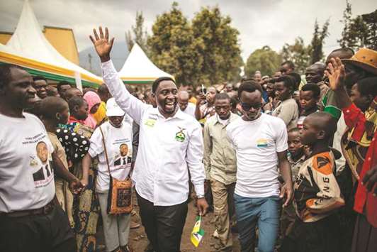 Rwandan Green Democratic Party chairman Frank Habineza greets supporters during an electoral rally in Burera, ahead of August 4 presidential election.