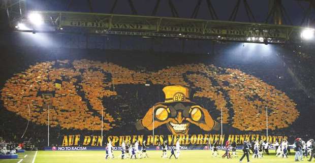 File picture of the Suedtribuene or the South Stand at Borussia Dortmundu2019s stadium Westfalenstadion. Spectators are allowed to stand in this section.
