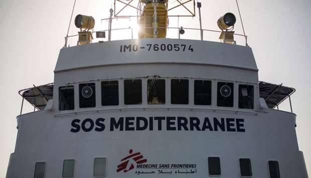 The Aquarius rescue ship of the European search and rescue association ,SOS Mediterraneeu201d. Logos of non-governmental organisations  ,SOS Mediterranee, and ,Medecins Sans Frontieres, (Doctors Without Borders) are seen on the ship.