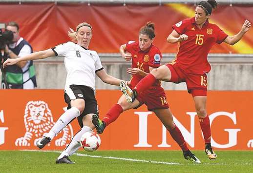 File picture of Austriau2019s Katharina Schiechtl (L) in action during their UEFA Womenu2019s Euro 2017 quarter-final against Spain.