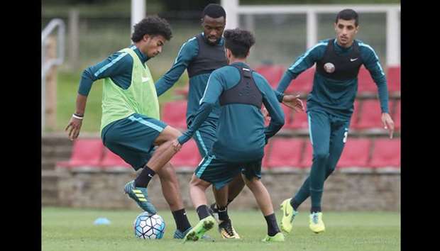 Qatar national team players during a training session. The Maroons are currently attending a camp in London in preparation for their upcoming 2018 World Cup qualifiers against Syria (August 31) and China (September 5).