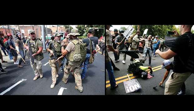Members of the u201calt-rightu201d with body armour and combat weapons evacuate comrades who were pepper sprayed in Charlottesville, Virginia. Right: Violence at the rally.