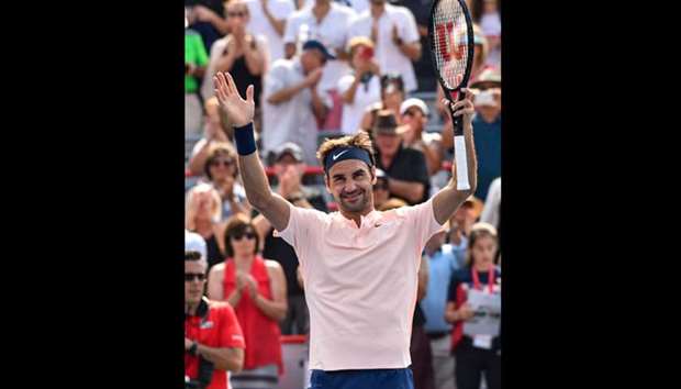 Roger Federer of Switzerland celebrates his victory over Roberto Bautista Agut of Spain during day eight of the Rogers Cup presented by National Bank at Uniprix Stadium in Montreal on Friday.