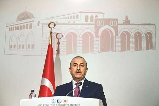 Turkish Foreign Minister Mevlut Cavusoglu attends a press conference after the executive committee meeting of the Organisation of Islamic Co-operation in Istanbul.