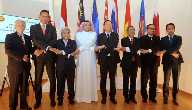 Qataru2019s Ministry of Foreign Affairsu2019 Chief of Protocol Ibrahim Yousif Abdullah Fakhro with Asean ambassadors at the 50th founding anniversary celebration in Doha recently. PICTURE: Shemeer Rasheed