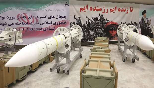 An Iranian Defence Ministry handout photo of the newly-upgraded Sayyad-3 air defence missiles on display during an inauguration of its production line at an undisclosed location in Iran.