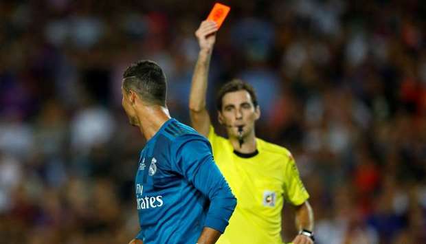 Real Madridu2019s Cristiano Ronaldo is shown a red card by referee Ricardo de Burgos Bengoetxea