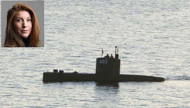 Allegedly Swedish journalist Kim Wall stands next to a man in the tower of the private submarine ,UC3 Nautilus, on August 10, 2017 in Copenhagen Harbor.  Inset: Kim Wall.