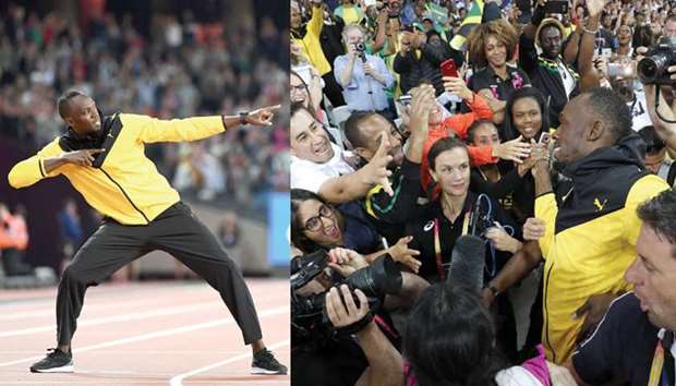 Jamaicau2019s Usain Bolt takes part in a lap of honour at the London Stadium on Sunday. RIGHT: Usain Bolt greets his fans as the legend bids farewell on Sunday. (AFP)