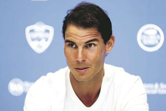 Rafael Nadal of Spain fields questions from the media.