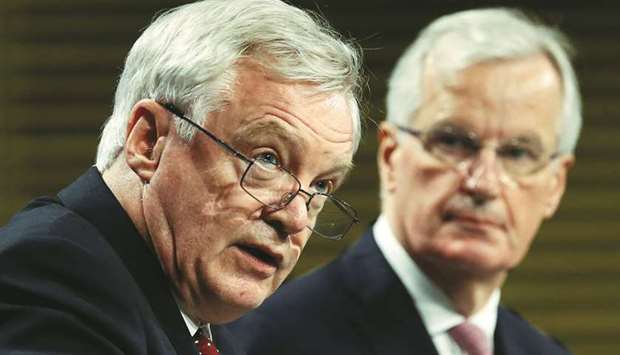 Davis and European Unionu2019s chief Brexit negotiator Barnier (right) at a joint news conference after a round of Brexit talks on July 20 in Brussels.