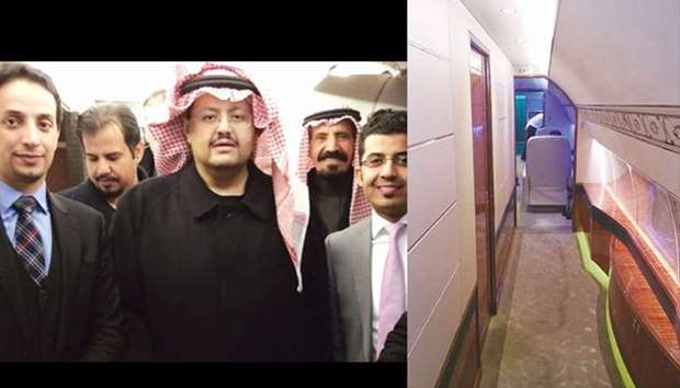 LEFT: Prince Sultan bin Turki (centre) was kidnapped in 2016. Members of his entourage describe him fighting with flight attendants after their plane was diverted to Riyadh. RIGHT: Interior of the plane Prince Sultan was travelling on, taken by a member of his entourage. Saudi authorities deleted all other pictures of the plane.