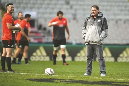 File picture of New Zealandu2019s All Blacks coach Steve Hansen (R) watching his players take part in the Captains Run ahead of the first Test against the British and Irish Lions.