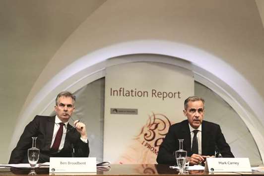 BoE governor Mark Carney (right), speaks as Ben Broadbent, deputy governor for monetary policy at the BoE, looks on during the banku2019s quarterly inflation report news conference in London. Despite Carneyu2019s overtures since February, investors are still not fully pricing in an increase until early 2019.