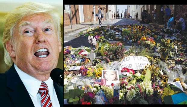 US President Donald Trump answers questions about his response to the violence, injuries and deaths at the u201cUnite the Rightu201d rally in Charlottesville as he talks to the media in the lobby of Trump Tower in Manhattan, New York, on August 15. RIGHT: Flowers are pictured on the street where Heather Heyer was killed when a suspected white nationalist crashed his car into anti-racist demonstrators in Charlottesville, Virginia, US, yesterday.
