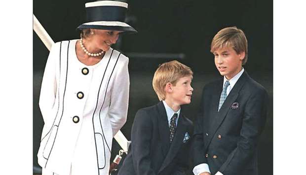 An August 19, 1995 picture of Diana, Princess of Wales and her sons Princes Harry and William attend the commemorations of VJ Day in London.