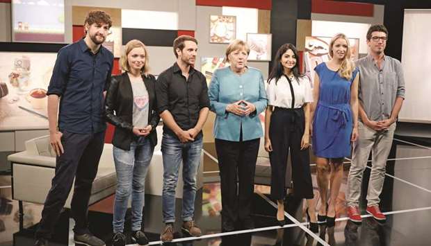 German Chancellor Angela Merkel meets the German YouTubers Robin Blase, Lisa Sophie, Mirko Drotschmann, Ischtar Isik, Lisa Ruhfus and Alexander Boehm in Berlin.
