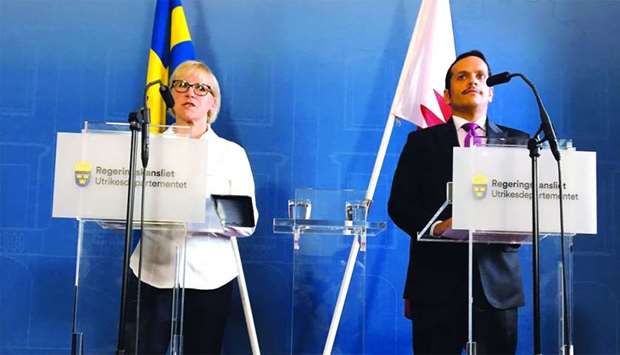 Qatar's Foreign Minister HE Sheikh Mohamed bin Abdulrahman al-Thani and his Swedish counterpart Margot Wallstrom attend a news conference in Stockholm