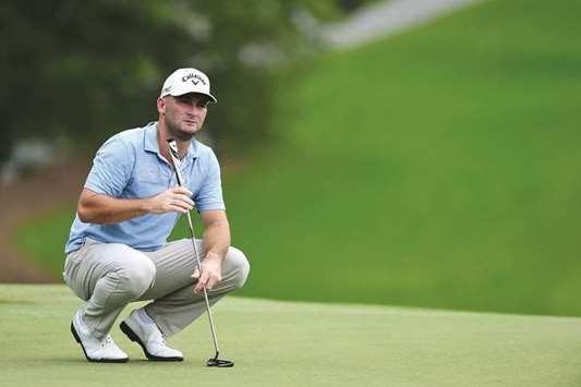 Matt Every looks on from the 18th green during the first round of the Wyndham Championship at Sedgefield Country Club in Greensboro, North Carolina, on Thursday. (AFP)