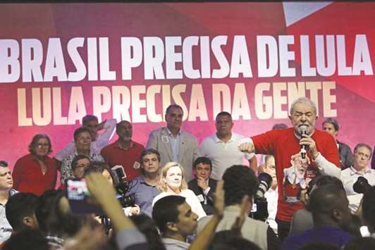 Former president Lula da Silva delivers a speech during the opening rally of his bus tour through the northeast of the country, in Salvador, Bahia, Brazil.