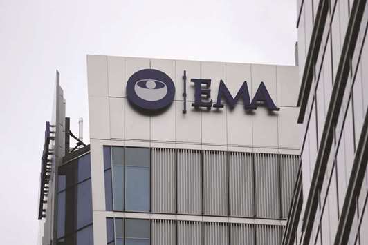 This file photo taken on May 2 in Canary Wharf, east London shows the logo of the European Medicines Agency on the office building. The battle for the spoils of Brexit began yesterday as 23 European cities launched their bids to host two London-based EU regulatory agencies that will be forced to leave the British capital.