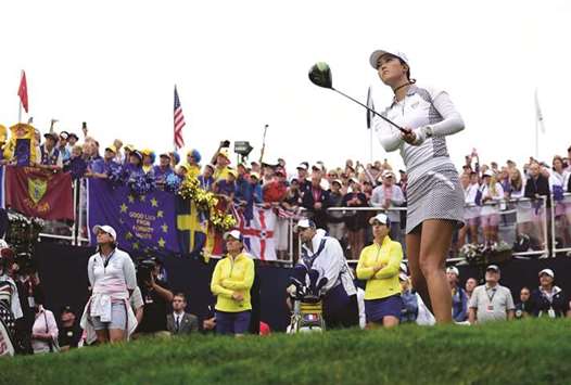 USA golfer Michelle Wie tees off on the first hole during the second day of The Solheim Cup international golf tournament at Des Moines Golf and Country Club. PICTURE: Thomas J Russo-USA TODAY Sports