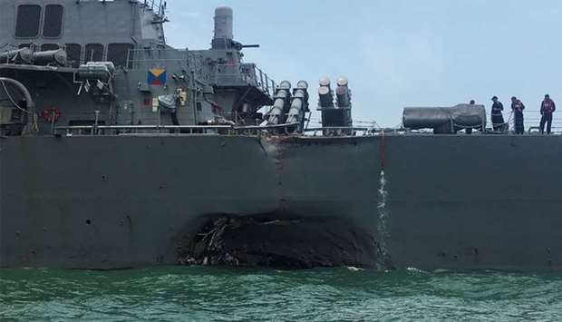 US Navy destroyer USS John S. McCain is seen after a collision, in Singapore waters