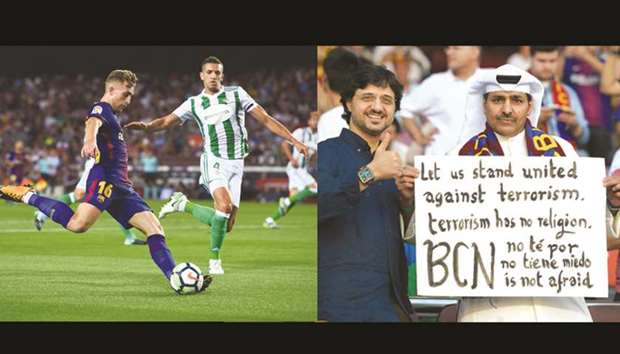 Barcelonau2019s forward Gerard Deulofeu (L) vies with Betisu2019 defender Bruno Gonzalez during their match at the Camp Nou stadium. RIGHT: A Barcelona fan hold a placard with slogans against terrorism before the Spanish league match between FC Barcelona and Real Betis at the Camp Nou stadium.