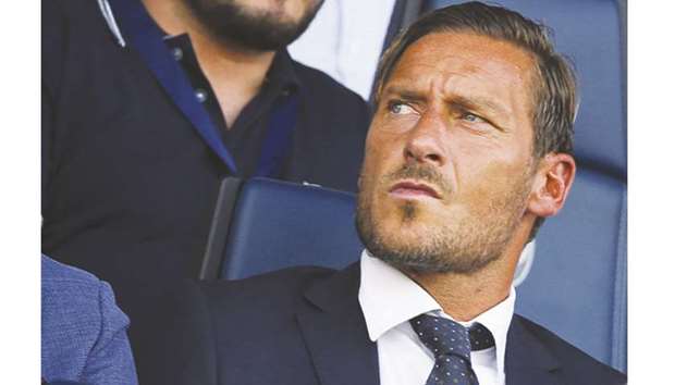AS Romau2019s former forward Francesco Totti attends the Italian Serie A match between Atalanta and AS Roma in Bergamo.