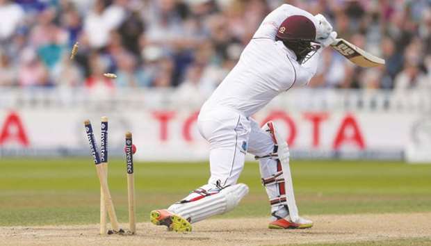West Indiesu2019 Shai Hope is bowled out by Englandu2019s Toby Roland-Jones.