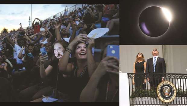 LEFT: Guests reacts to the total eclipse in the football stadium at Southern Illinois University in Carbondale, Illinois. TOP RIGHT: The diamond ring effect is visible as the moon passes in front of the sun during a total solar eclipse at Big Summit Prairie ranch in Oregonu2019s Ochoco National Forest, near the city of Mitchell. BELOW RIGHT: US President Donald Trump watches the solar eclipse with First Lady Melania from the Truman Balcony at the White House.