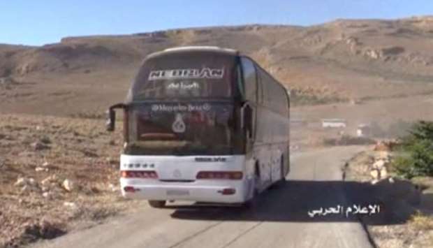 A still image taken from Hezbollah Military handout on July 31, 2017 shows a bus at an unidentified location at the Lebanese-Syrian border