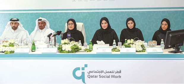 QFSW CEO Amaal bint Abdullatif al-Mannai (third left) addressing a press conference in Doha yesterday to announce that the organisation has been granted a consultative status at the United Nations Economic and Social Council (ECOSOC) as other senior officials look on.