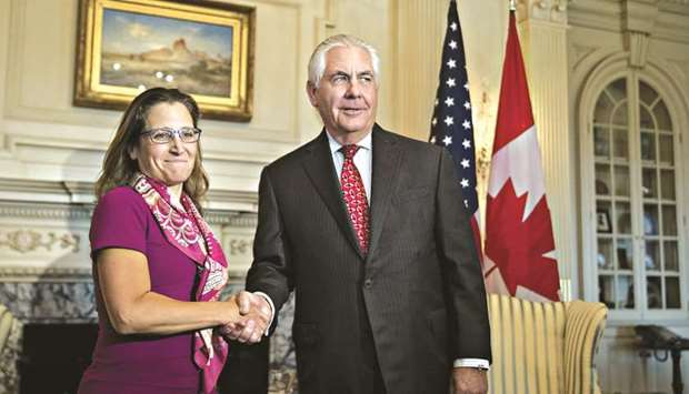 Rex Tillerson, US secretary of State (right), shakes hands with Chrystia Freeland, Canadau2019s minister of foreign affairs, while meeting at the State Department in Washington, DC on Wednesday. The US had autos and auto parts trade deficits of $5.6bn with Canada last year.