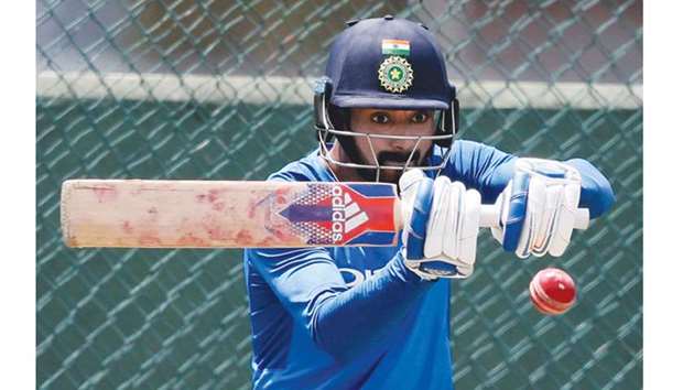 Indiau2019s batsman KL Rahul plays a shot during the practice session ahead of the second Test against Sri Lanka in Colombo yesterday. (Reuters)