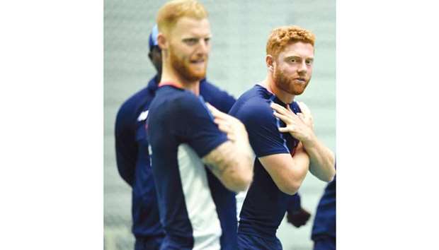 Englandu2019s Ben Stokes and Jonny Bairstow attend a nets session in Manchester yesterday. (AFP)