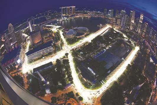This September 20, 2010, picture shows the aerial view of the Marina Bay street circuit in Singapore. The night street circuit has proved particularly popular with fans, and talks are ongoing about extending Singaporeu2019s contract. (Reuters)